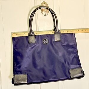 Tory Burch Dark Blue Leather Trim Tote
